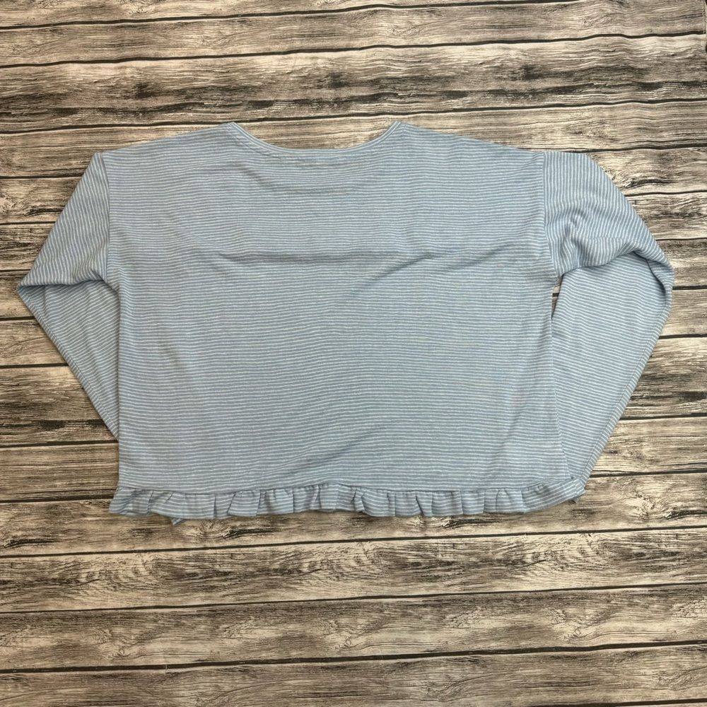 Women's LOFT Blue White Striped Crop Tee Ruffle Hem Long Sleeve M - Picture 13 of 13